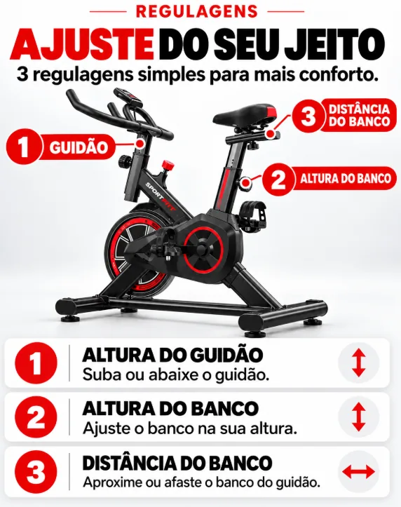 Regulagens: ajuste do seu jeito. 3 regulagens simples para mais conforto: altura do guidão (suba ou abaixe o guidão), altura do banco (ajuste o banco na sua altura) e distância do banco (aproxime ou afaste o banco do guidão).