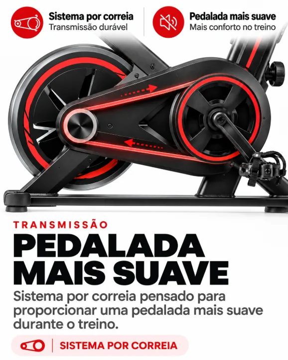 Transmissão: pedalada mais suave. Sistema por correia pensado para proporcionar uma pedalada mais suave durante o treino. Transmissão durável e mais conforto no treino.