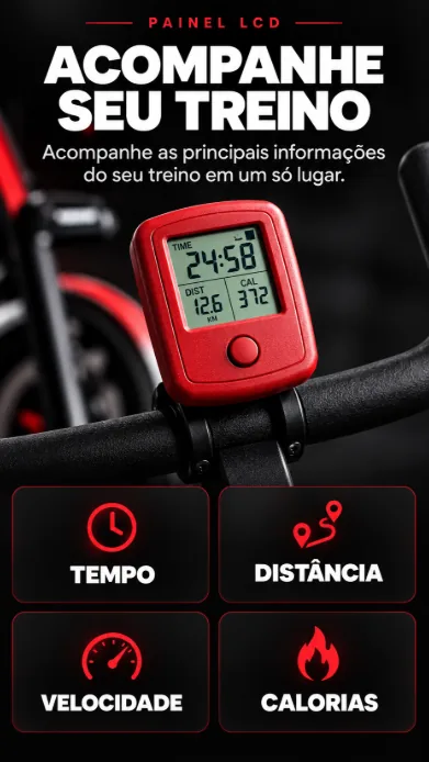 Painel LCD: acompanhe seu treino. Acompanhe as principais informações do seu treino em um só lugar: tempo, distância, velocidade e calorias.